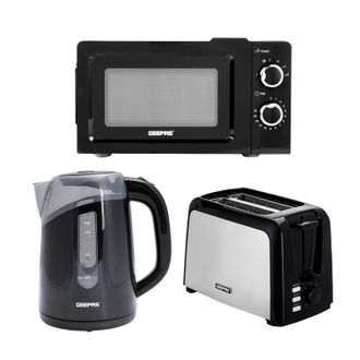 Geepas Kettle Toaster & Microwave Set - 1.7L Electric Kettle, 2-Slice Toaster & 20L 700W Microwave in Black