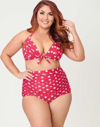 Unique Vintage Plus Size Monroe Halter Bikini Top in Red & White Polka Dot Print at Nordstrom, Size 2X
