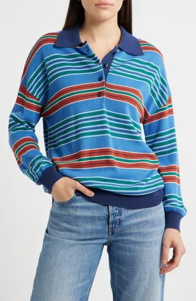 Faithfull The Brand Harlow Oversized Striped Long Sleeve Polo in Juan Stripe at Nordstrom, Size X-Large