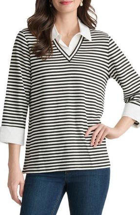 Jones New York Stripe Three Quarter Sleeve Knit Twofer Top in Natural White/jones Black at Nordstrom, Size X-Small