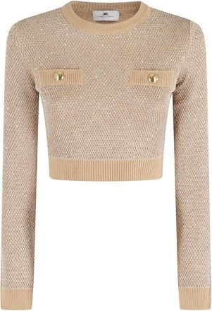 Elisabetta Franchi Paillet Ronde Hals Sweater - Dames - Ronde hals truien - Geel - M - Pailletten - Truien & Vesten