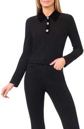CeCe by Cynthia Steffe Velvet Rhinestone Polo Top in Rich Black at Nordstrom Rack, Size X-Small
