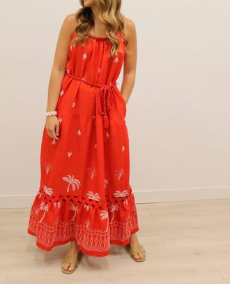Skies Are Blue Clothing Saylor Palm Tree Embroidered Maxi Dress In Coral Red