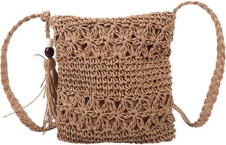 Supvox Woven Straw Crossbody Bag for Women Tassel, Handcrafted Knitted Beach Shoulder Bag in Light Coffee, Lightweight Summer Tote for Casual Travel and Outd