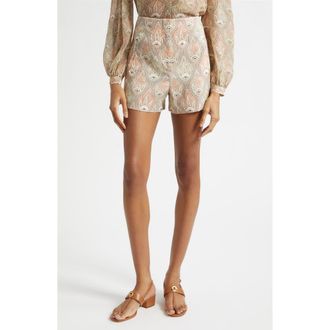 Veronica Beard Jazmin Paisley Linen Blend Shorts in Stone Khaki Multi at Nordstrom, Size 14