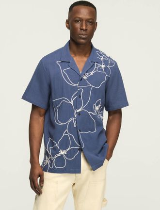 Lucky Brand Mens Short Sleeve Floral Embroidery Camp Collar Shirt