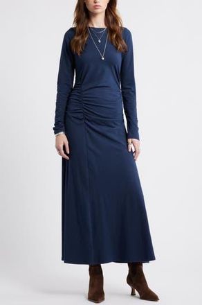 Treasure & Bond Side Ruched Long Sleeve Stretch Cotton Dress in Navy Still at Nordstrom Rack, Size X-Small