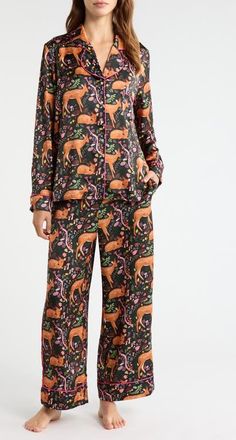 Karen Mabon Flora & Fawns Long Sleeve Pajamas in Black at Nordstrom, Size X-Large