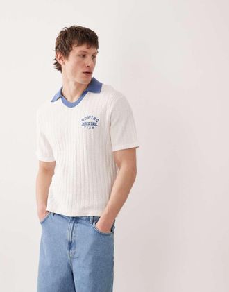 Abercrombie & Fitch Polo in maglia bianca con colletto a contrasto-Bianco