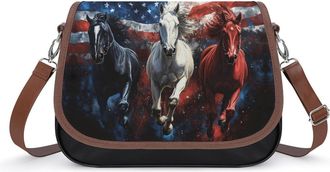 Generic Horses U.S. Flag Crossbody Bag Womens Handbag PU Message Bags Shoulder Purse with Adjustable Strap