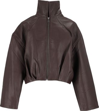 Rotate Brown Mol Cropped Stand Collar Leather Jacket