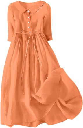 Generic Dresses for Women UK 2024 Summer Casual Half Sleeve Henley Shirt Dress Loose Fit Plain A-Line Lace-Up Midi Dresses Lightweight Soft Vacation Beach Flo