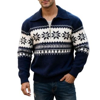 Generic Mens Jumper UK Knitted Look Warm Casual Knit Mens Sweaters Knitwear Thermal Lapel Print Jumpers for Men UK Designer Fleece Loose Fit Thickened Pullove