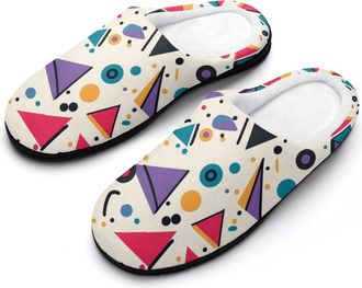 Generic 90s Pattern Colorful Triangles Round Cotton Womens Slip-on Slippers Winter Warm House Shoes with Rubber Sole for Home Office Hotel
