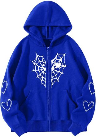 Generic Y2K Gothic Spider Web Heart-shaped Print Hoodied Pullover Punk Zip Up Jacket Coat Harajuku Loose Oversized Streetwear Jumpers for Women uk