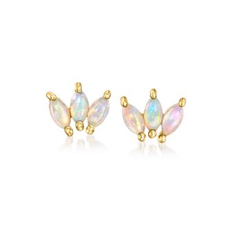 RS Pure by Ross-Simons Opal 3-Stone Lotus Stud Earrings in 14kt Yellow Gold