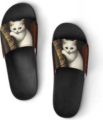 Generic White Cat on Books Shower Shoes Slipper for Women Men Beach Slippers Quick Drying Non Slip Open-Toe Sandals