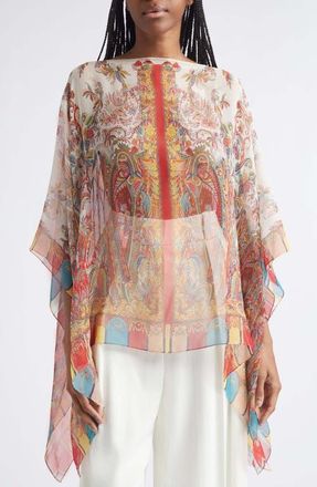 Etro Paisley Print Silk Poncho in Print On White Base at Nordstrom