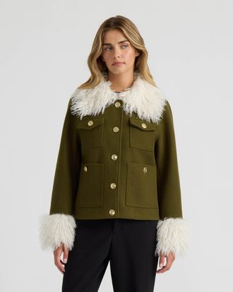 NVLT Womens Faux Wool Short Jacket with Mongolian Faux Fur Collar