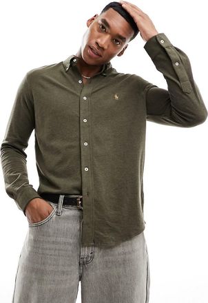 Polo Ralph Lauren Icon - Camicia in piqu&eacute; verde oliva m&eacute;lange con logo