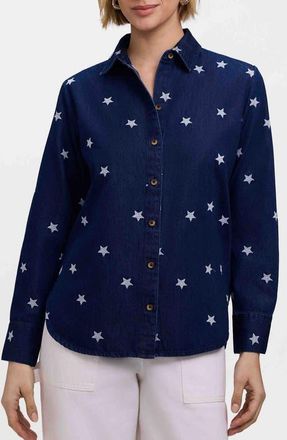 Foxcroft Meghan Star Embroidered Denim Button-Up Shirt in Navy Blue/Multi at Nordstrom, Size X-Large