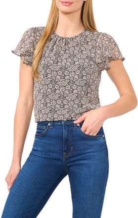 CeCe by Cynthia Steffe Floral Flutter Sleeve Top in Rich Black at Nordstrom, Size X-Large
