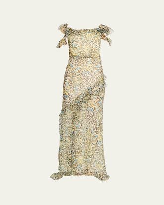 Saloni Nina Leopard Ruffled Chiffon Dress