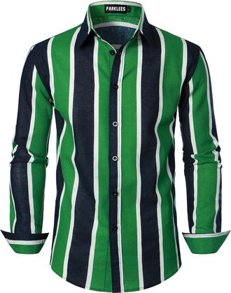 PARKLEES Mens Linen 70s Hippie Traditional Style Pattern Printed Long Sleeve Button up Shirt Green Stripe XXX-Large