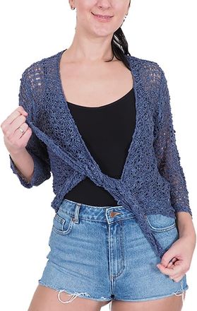Mimosa Ladies Popcorn Style Crochet Plain Stretch Fish Net Tie at Waist Bolero Shrug Open Cardigan Denim