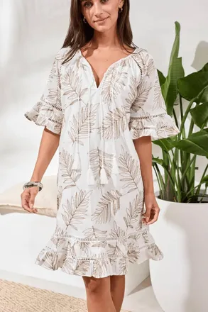 Tribal Textured Eyelet Flutter Sleeves Midi Dress In White