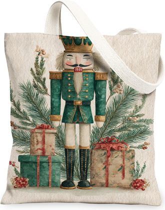 Generic Christmas Nutcracker Canvas Tote Bags, Vintage Holiday Design Reusable Grocery Bags, Lightweight Washable Shoulder Strap Ca, Green, 13x15 Inch