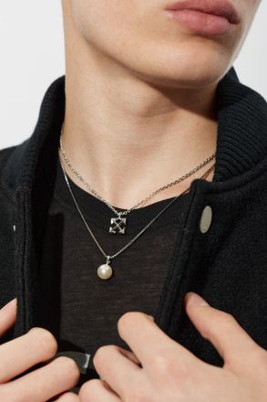 Off-white Faux Pearl Necklace, Mens, Silver