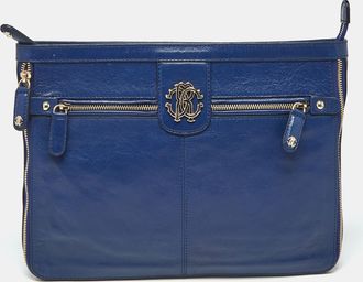 Roberto Cavalli Blue Leather Rc Zip Around Clutch