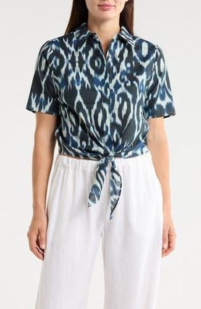T Tahari Short Sleeve Tie Front Cotton & Linen Crop Shirt in Ivory/Navy Ikat Print at Nordstrom Rack, Size X-Small