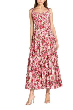 Mac Duggal Petite Floral Cotton Ruffle Square Neck Ankle Dress in Pink Multi at Nordstrom, Size 10