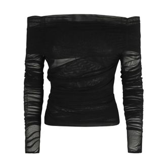 Federica Tosi Long Sleeve Tops, female, Black, Size: XS Black Mesh Off-the-shoulder Sweater