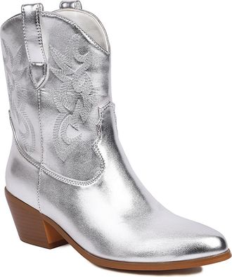 Generic Womens Closed Round Toe Short Boots PU Leather Booties with Embroidery Stitched Mid Block Heel Western Cowboy Boots,Silver,10.5 UK