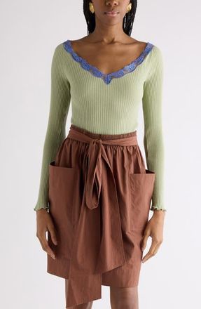 Chlo&eacute; Lace Trim Rib Cotton & Silk Sweater in Dark Cedar at Nordstrom, Size Medium