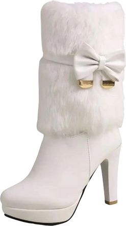 Generic Womens Mature Platform Mid Calf Boots Round Toe Super High Block Heel Slip On With Butterfly-Knot Accent