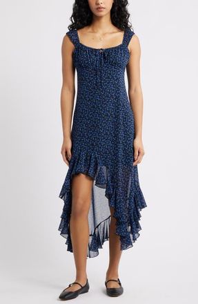 BP. Bias Cut Chiffon Asymmetric Hem Dress in Black - Blue Alix Ditsy at Nordstrom, Size Xx-Small