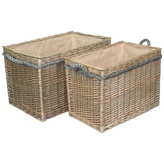 Red Hamper Wicker Set 2 Rectangular Rope Handled Log Baskets in Brown