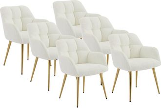 Vente-Unique Conjunto de 6 sillas con reposabrazos - Tela de boucl&eacute; y metal dorado - Blanco - PEGA de Pascal MORABITO