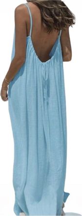 Generic Womens Solid Color Backless Dress Summer Open Back Spaghetti Strap Maxi Dresses Casual Flowy Dress Blue