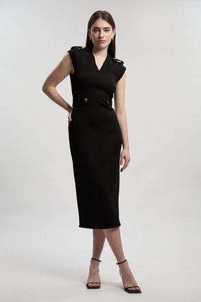 Karen Millen Womens Ponte V Neck Tab Detail Midi Dress - Black - Size X-Small