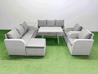 Fimous Rattan High Back Lounge Sofa Set with Reclining Chairs Side Table in Light Grey
