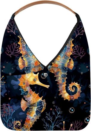 Generic Seahorse Print Pattern Reusable Lightweight Grocery Bags - Foldable Into Compact Pouch, Washable & Sturdy, Multipurpose for Shopping and Travel