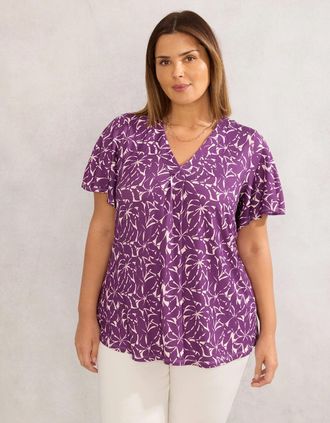 Live Unlimited London Womens Purple Leaf Jersey Pleat Front Flutter Sleeve Top - Size: 12