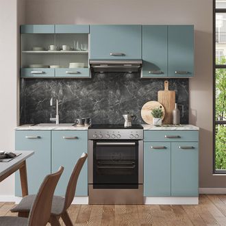 Vicco Mueble De Cocina R-line, Azul-gris-blanco, 200 Cm Sin Encimera, Vicco