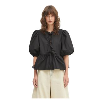 Ganni Overhemden, Dames, Zwart, M, Katoen, Katoenen Poplin Peplum Strik Blouse