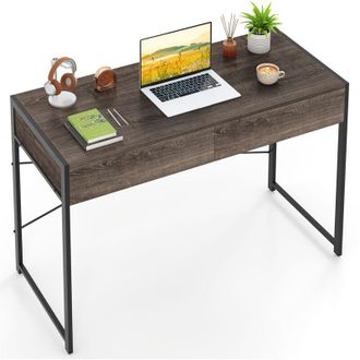 Costway Computer Desk Compact Writing Desk with 2 Drawers-Gray